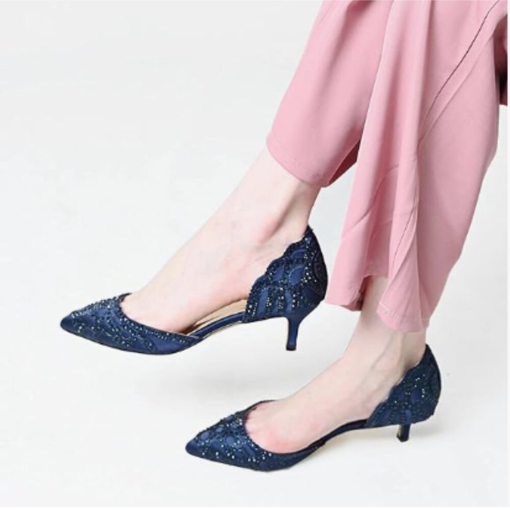 XYD Navy Pointed Toe D'Orsay Kitten Heel Rhinestone Slip-On Pump Satin Shoe